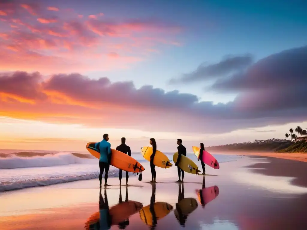 Surfistas uruguayos llevando tablas de surf en playa al atardecer en Uruguay