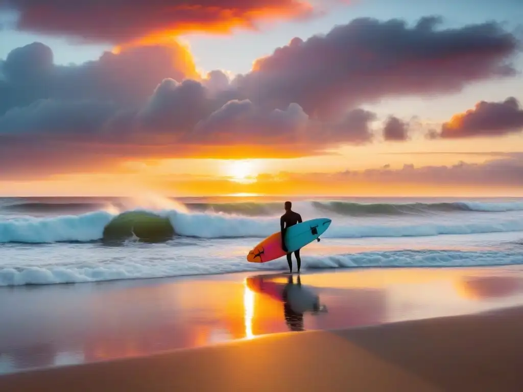 Surfistas disfrutando del vibrante atardecer en la playa de La Paloma, Uruguay, reflejando la cultura del surf en Uruguay