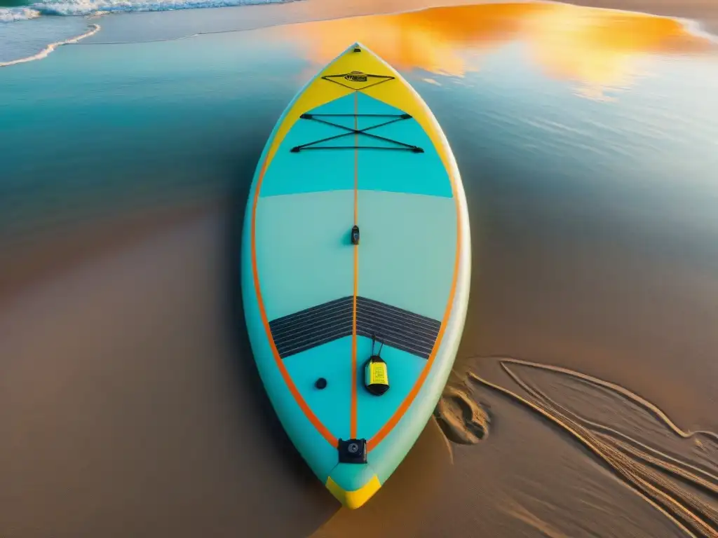 Una tabla de paddle surf de alta calidad en una playa de Uruguay bajo el sol de verano, mostrando el diseño detallado