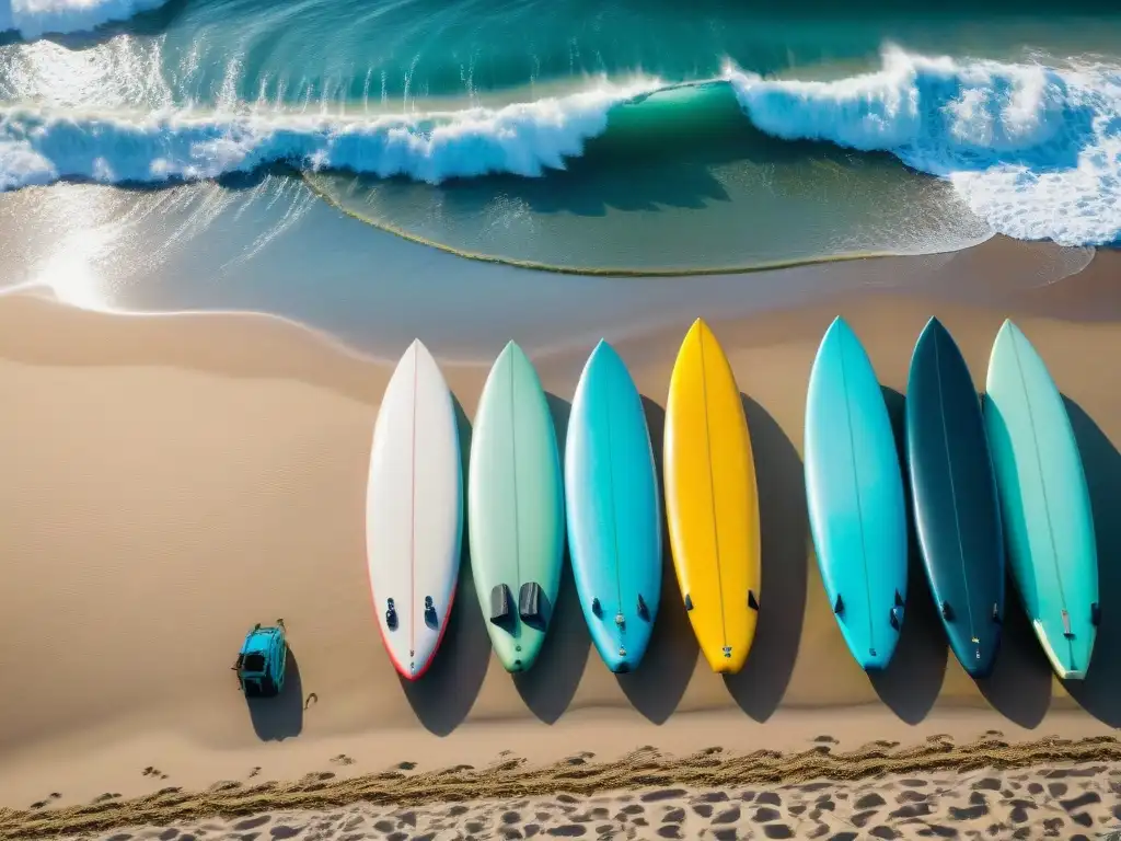 Tabla de surf para Uruguay: Amanecer vibrante en la playa con tablas de colores listas para surfear en aguas tranquilas