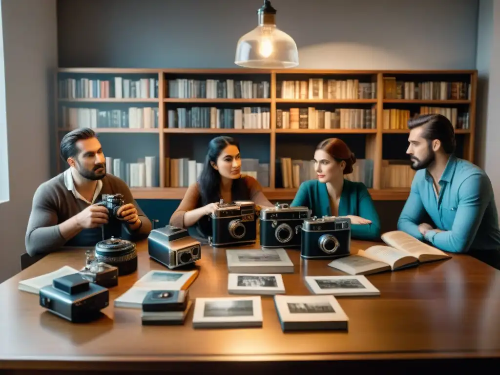 En un taller de fotografía, apasionados por la historia uruguaya examinan viejas cámaras y negativos en una mesa iluminada