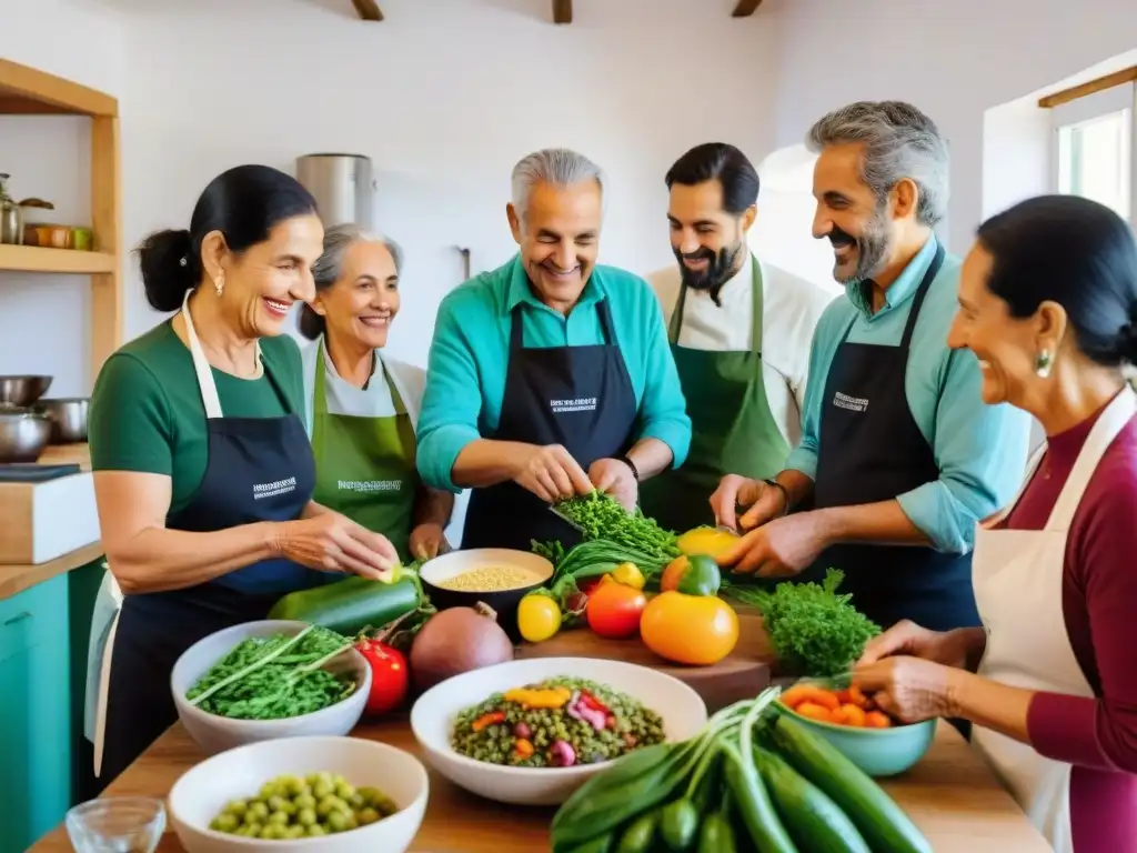 Taller de cocina vegetariana en Uruguay: Comunidad diversa disfrutando juntos de la preparación de deliciosos platillos sin carne