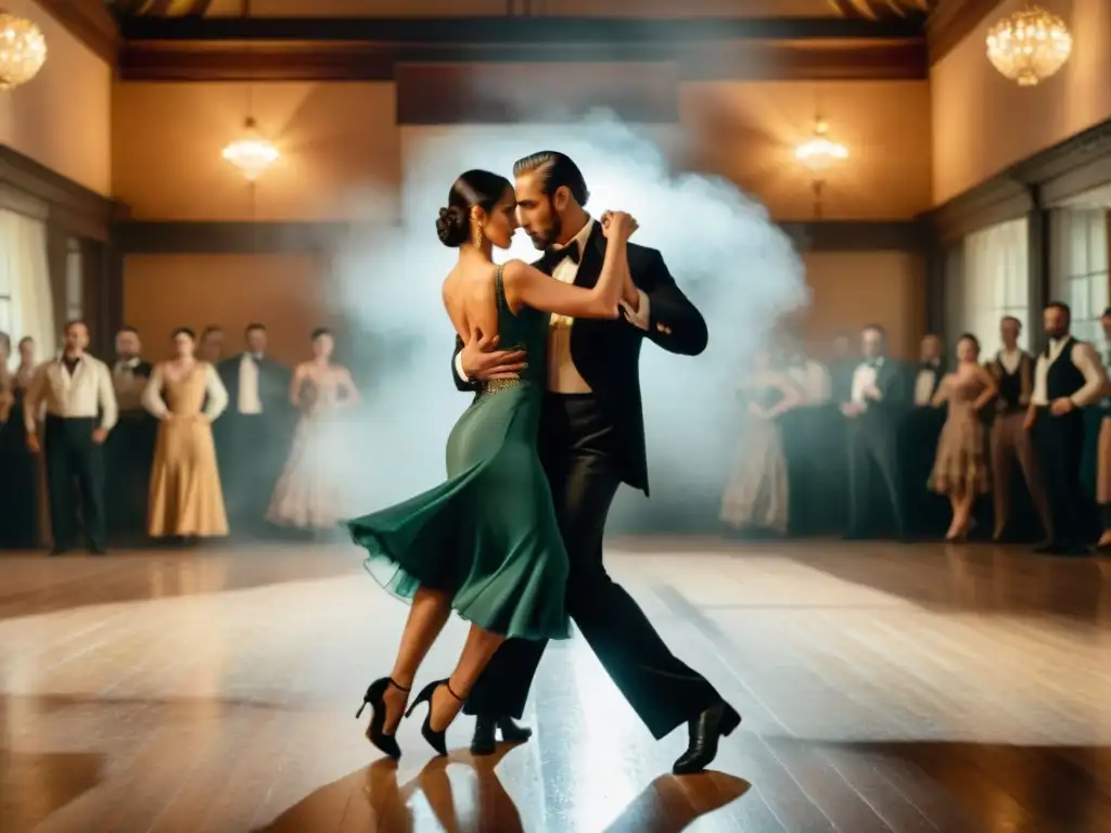 Taller de fotografía tango uruguayo: Pareja de bailarines de tango congelados en un apasionado baile, bajo luz dorada en un estudio vintage