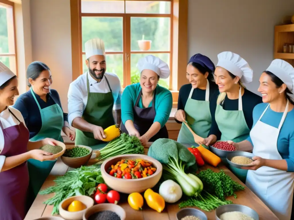 Talleres de cocina vegetariana en Uruguay: Grupo diverso disfruta cocinando con ingredientes frescos en un ambiente cálido y acogedor