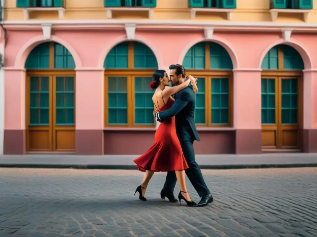 Fotografiando el tango uruguayo: pareja apasionada bailando con gracia en las calles de Montevideo