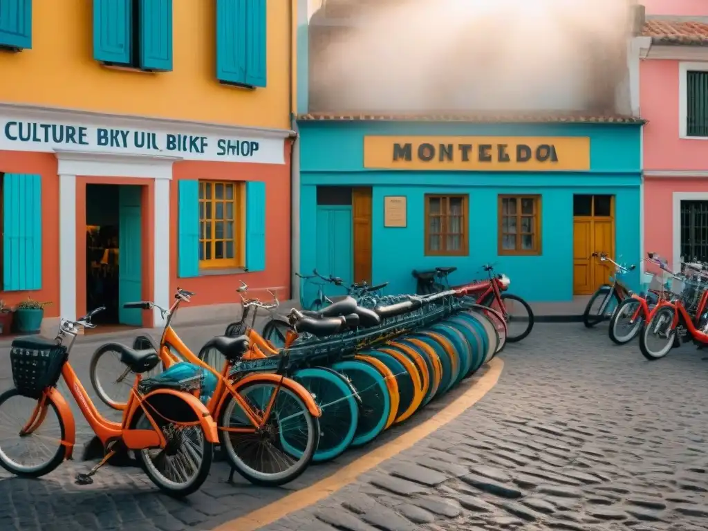 Una tarde cálida en Montevideo: bicicletas para recorrer Uruguay brillan frente a una tienda vibrante