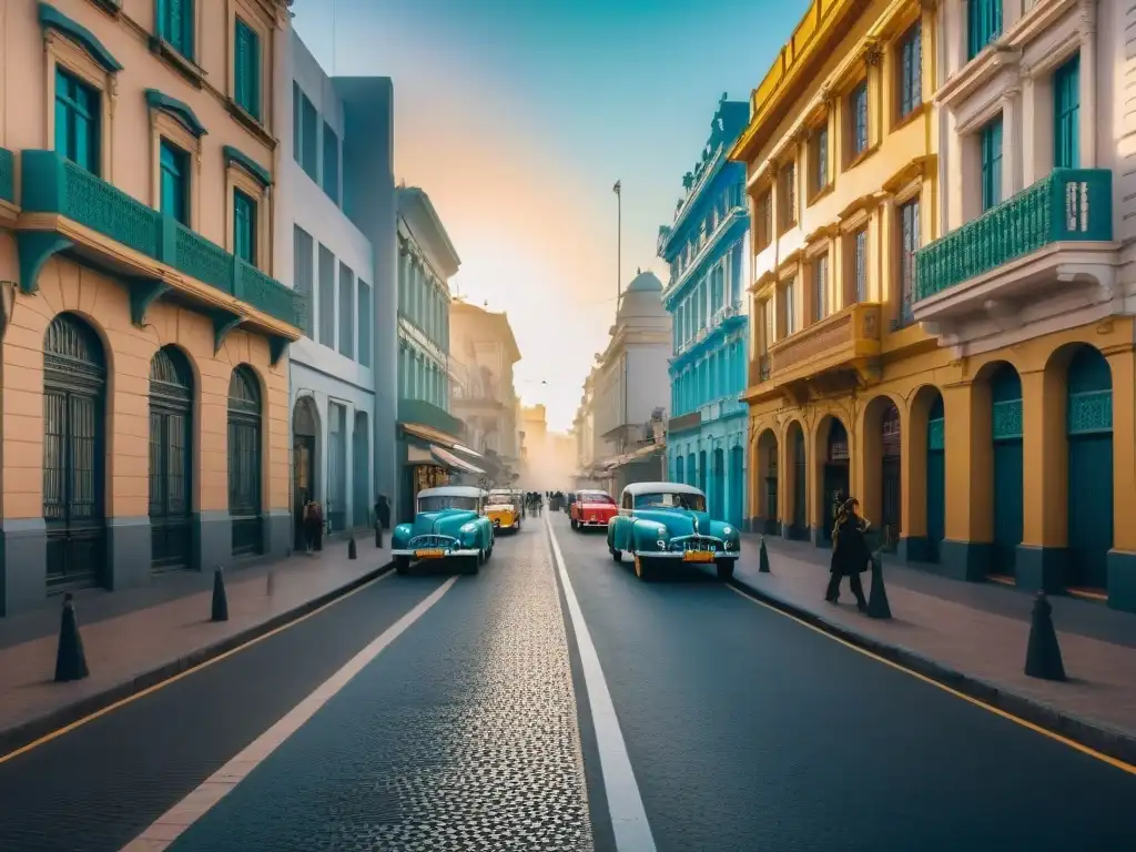 Una tarde dorada en Montevideo, Uruguay, muestra la vida urbana vibrante con edificios coloridos, coches antiguos y locales