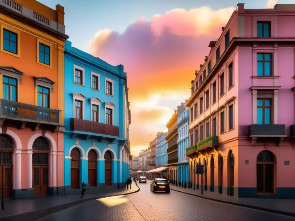 Una tarde mágica en Montevideo, Uruguay: gente caminando por calles históricas iluminadas por la cálida luz del atardecer