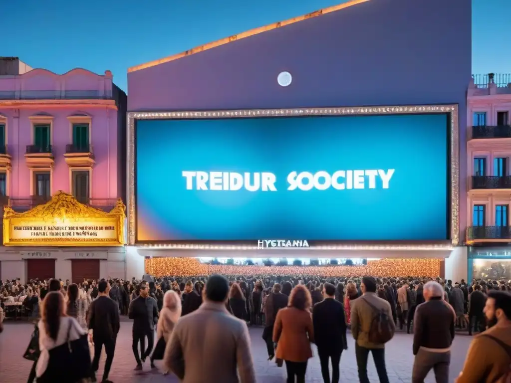 Marquesina teatral iluminada en Montevideo, Uruguay: Cultura y sociedad en su esplendor