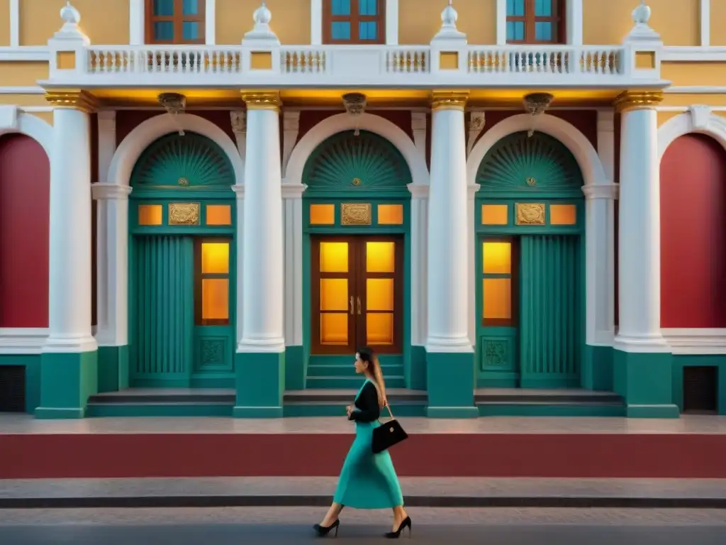 Un teatro en Montevideo, Uruguay, iluminado por la cálida luz dorada del atardecer