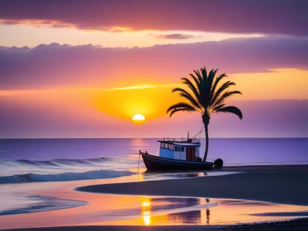 Fotografía atardecer Uruguay técnicas avanzadas: Atardecer dorado en Uruguay, con palmeras, bote pesca y cielo de colores