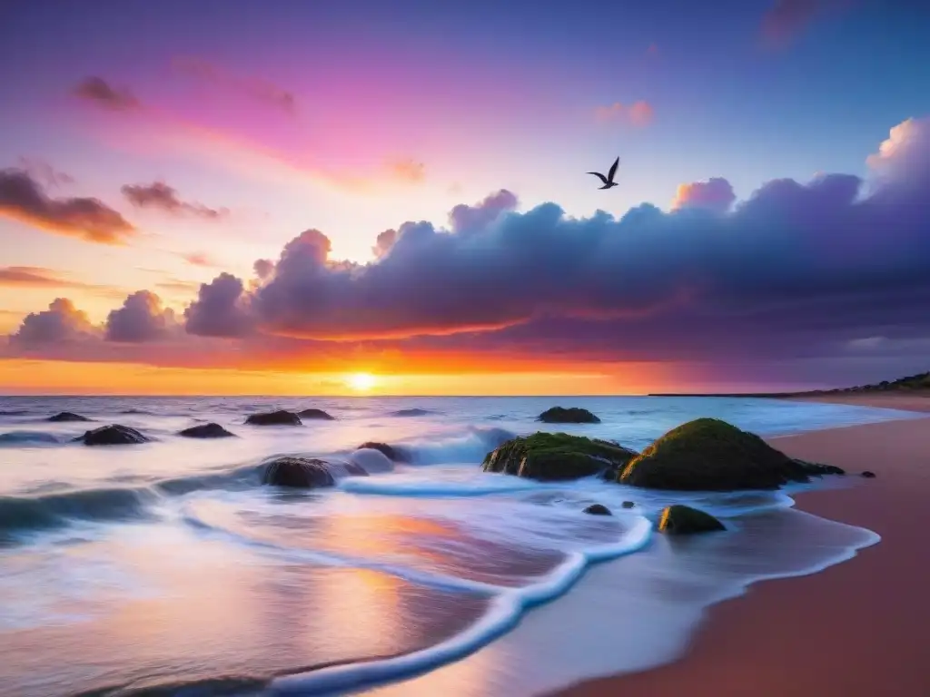 Fotografía atardecer Uruguay técnicas avanzadas: Atardecer vibrante en la costa uruguaya, con palmeras y gaviotas contra un cielo colorido