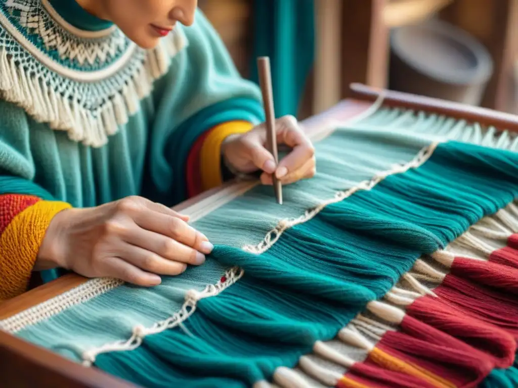 Tejido artesanal de un poncho uruguayo con manos expertas y vibrantes colores en un mercado de artesanías uruguayas imprescindibles ruta