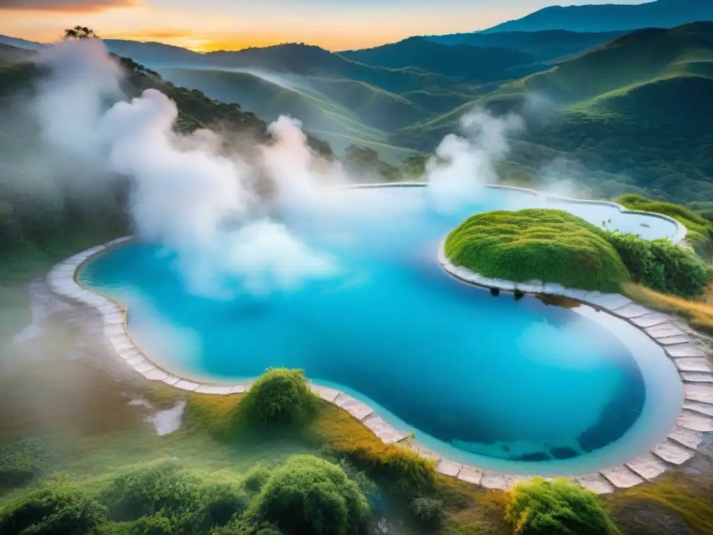 Termas impresionantes en Uruguay: aguas turquesas rodeadas de vegetación y colinas, creando una atmósfera tranquila y rejuvenecedora