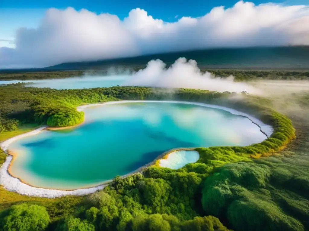 Termas naturales Uruguay aventurero: Paisaje verde exuberante con aguas termales y vapor, rodeado de bosque, cielo azul y nubes blancas