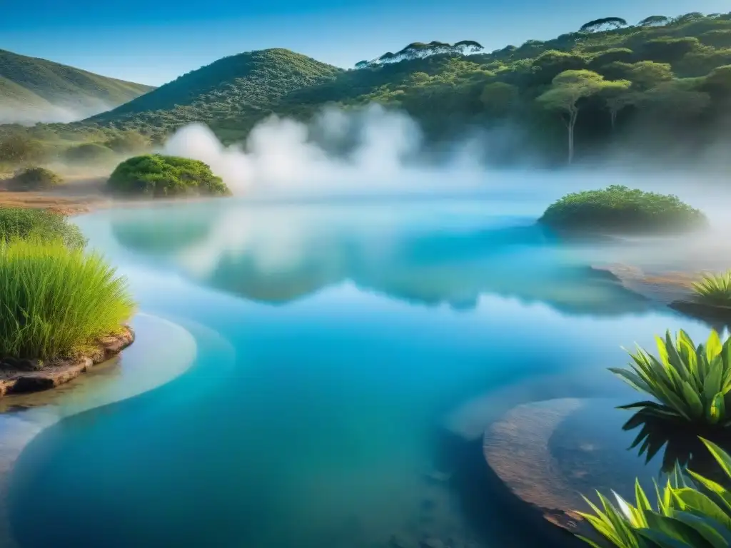 Termas pacíficas en Uruguay: aguas cristalinas reflejando la vegetación, vapor ascendente y cielo azul sereno