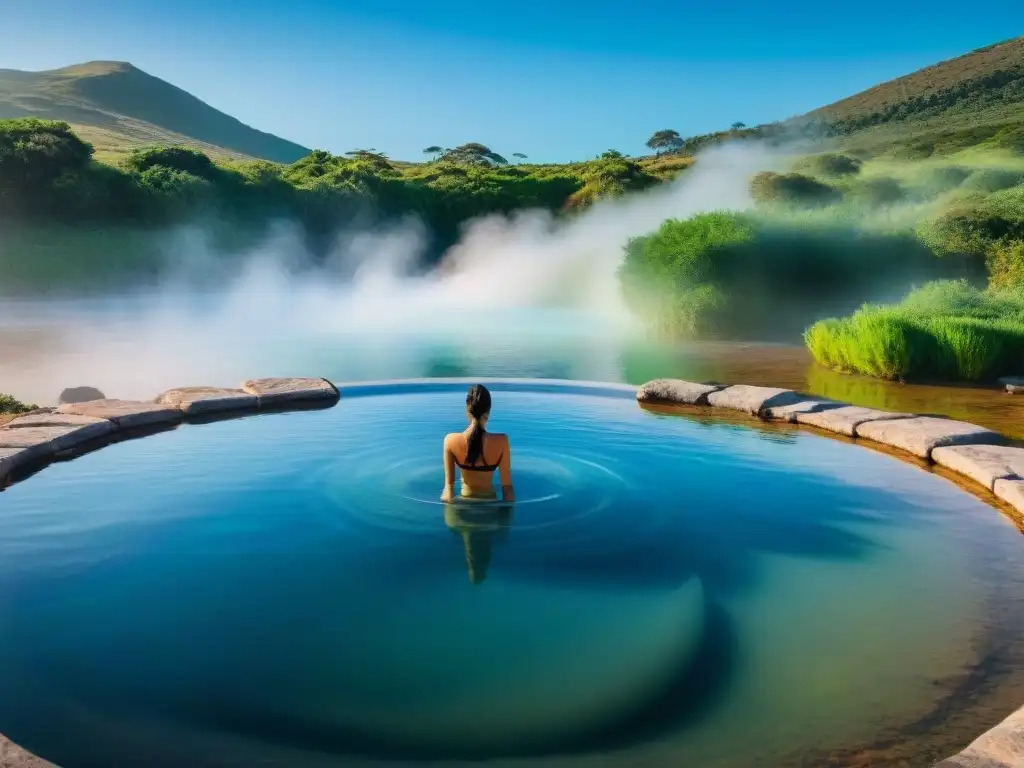 Termas pacíficas en Uruguay: un oasis natural con aguas termales rodeadas de exuberante vegetación y cielo azul reflejado en el agua serena