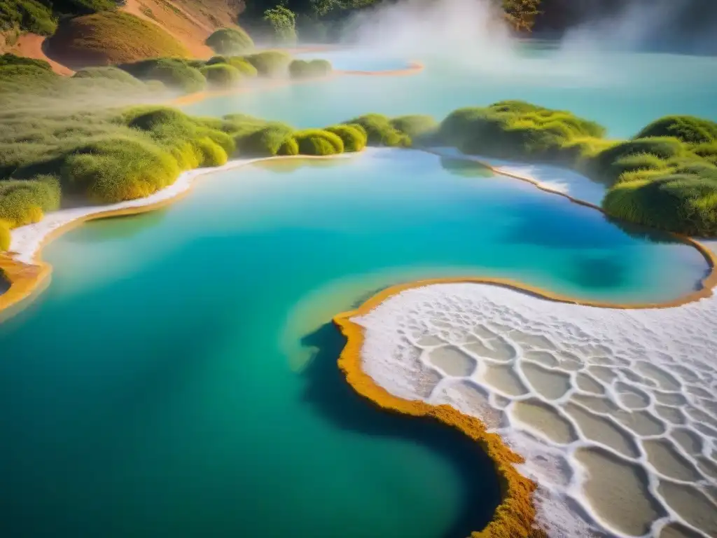 Fotografía en termas de Uruguay: Detalle de una piscina termal con aguas cristalinas y vapor, rodeada de vegetación exuberante