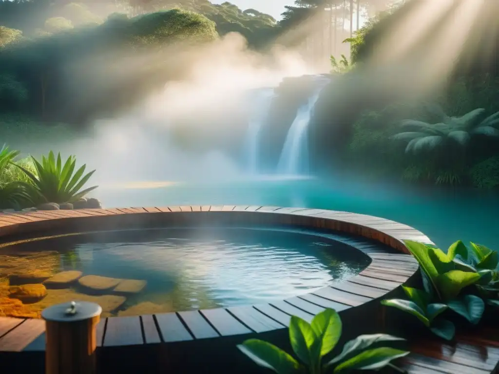 Termas y spas ocultos Uruguay: Hermosa vista de un spa termal escondido entre exuberante vegetación, con aguas cristalinas y vapor ascendente