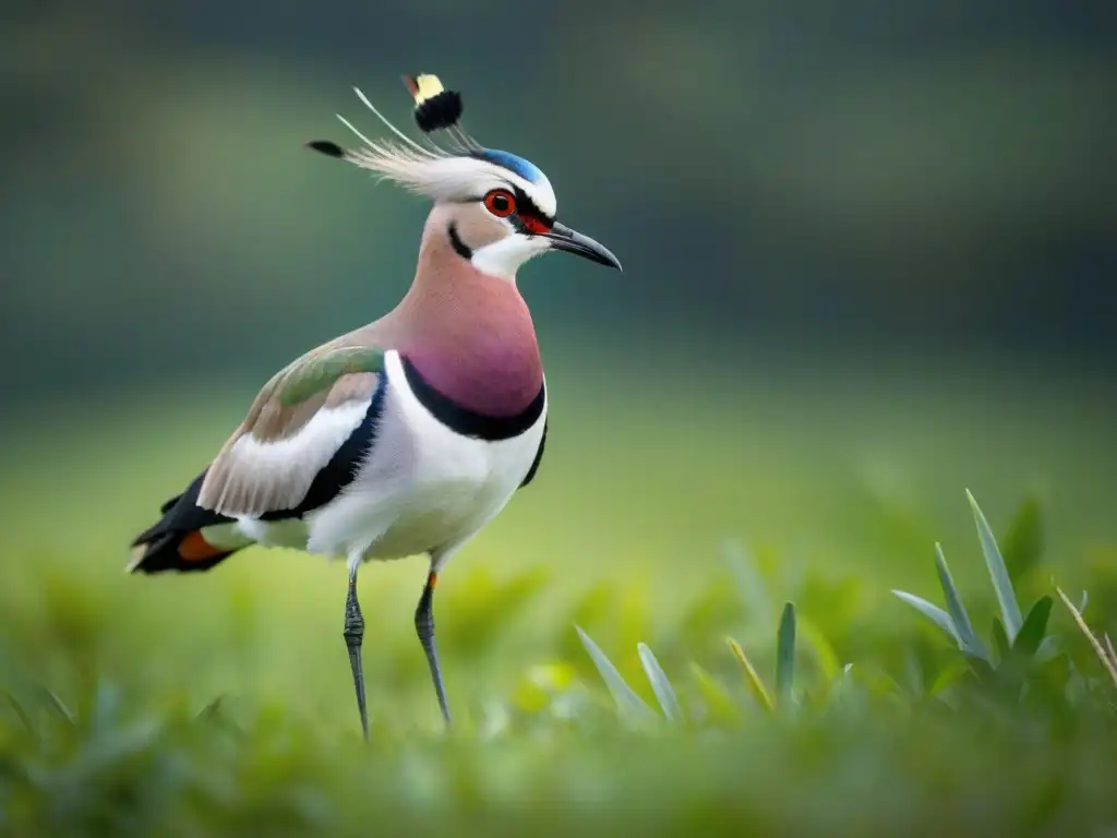 Un Tero en un campo verde exuberante, con plumaje negro y blanco brillante bajo el sol, exudando alerta