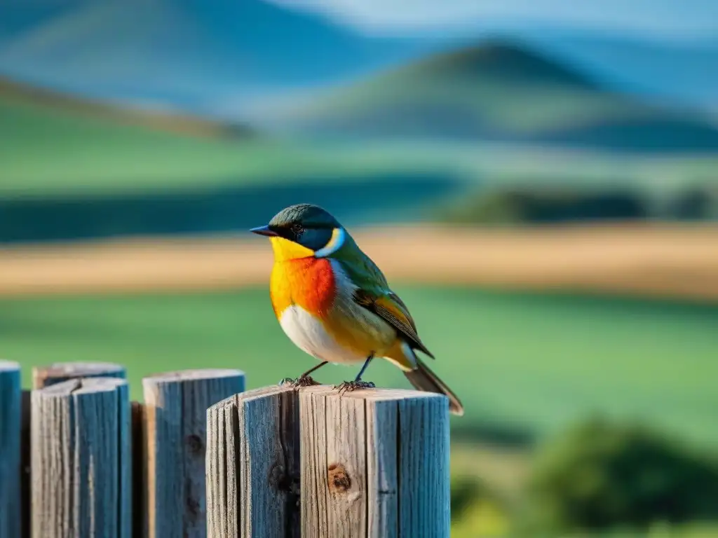 Un Tero colorido posado en una cerca de madera con colinas verdes y cielo azul en Uruguay, ideal para explorar con equipo fotográfico