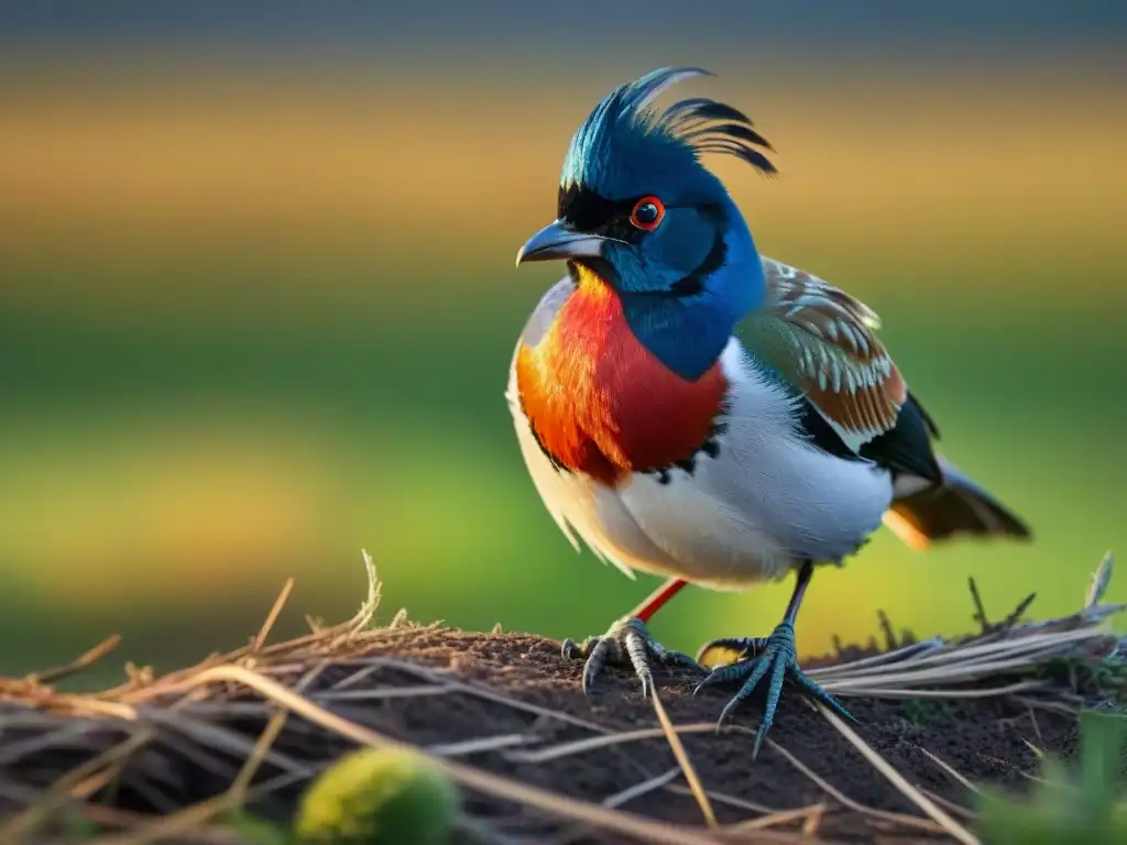 Un Tero en detalle, con sus plumas y pico rojo en un campo uruguayo soleado