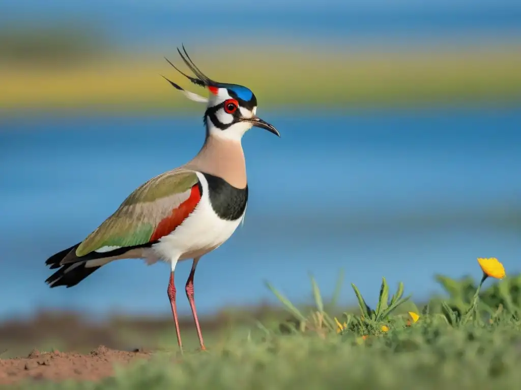 Un Teruteru en un campo verde bajo el cielo azul, simboliza la gracia y la alerta de las aves populares Uruguay mitos