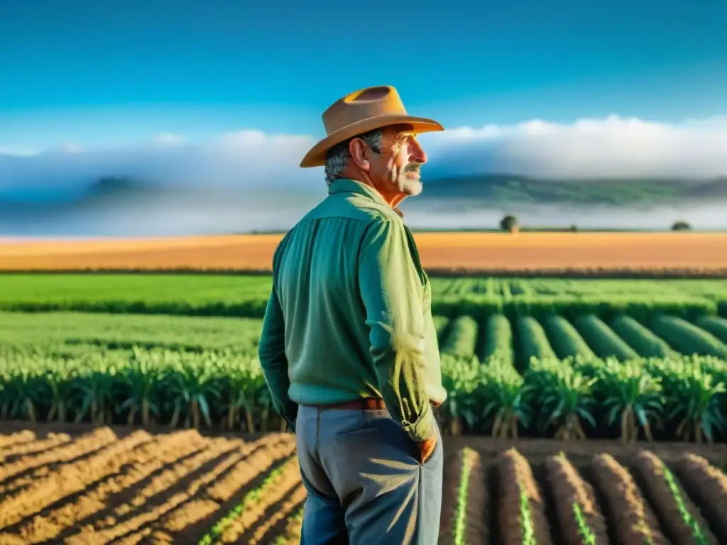 El texto ALT es: Agricultor uruguayo en campo dorado, reflejando las realidades de la vida rural