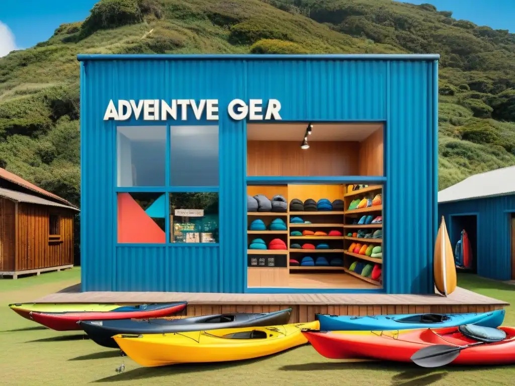 Una tienda de equipamiento de aventura en Uruguay con kayaks coloridos y equipo de camping