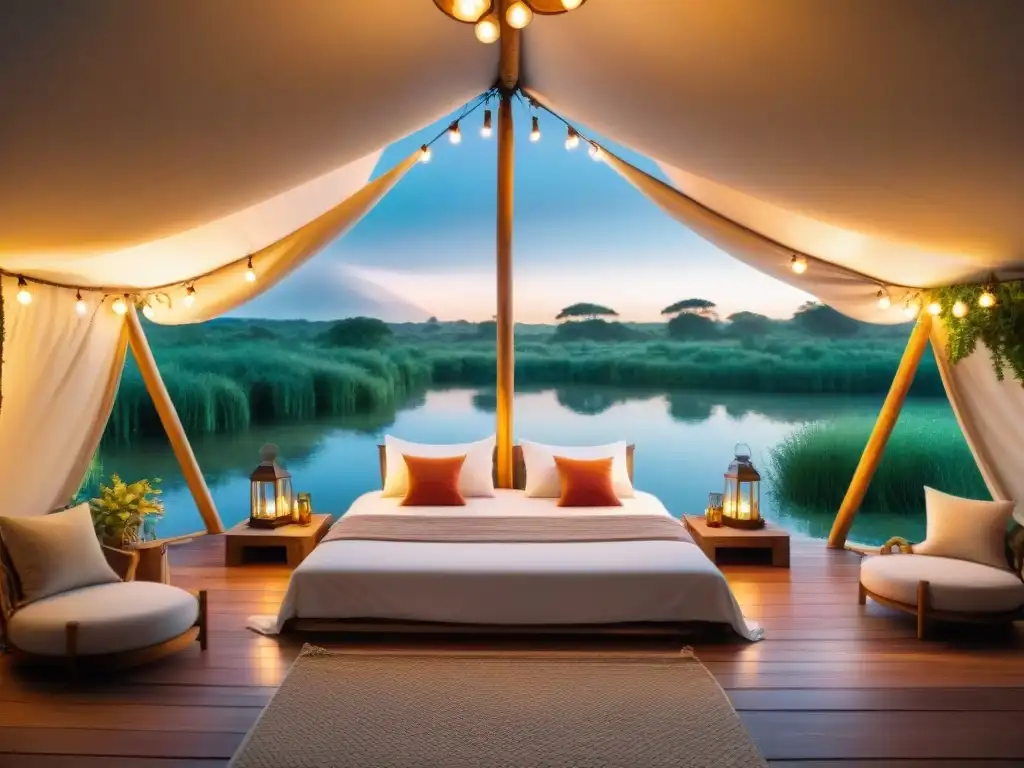 Tienda de glamping lujosa en Uruguay con decoración bohemia, cama confortable y luces suaves, ideal para amantes del lujo en camping