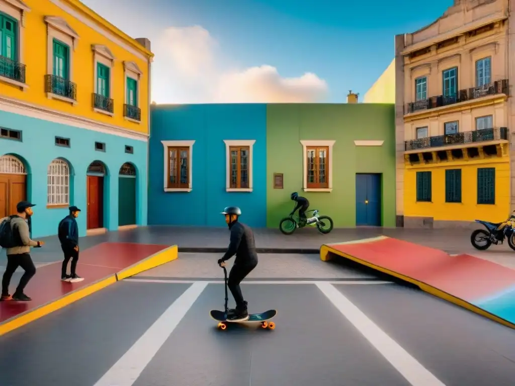 Tienda de skate y BMX en Montevideo, Uruguay: vibrante escena urbana con skaters y bikers realizando trucos