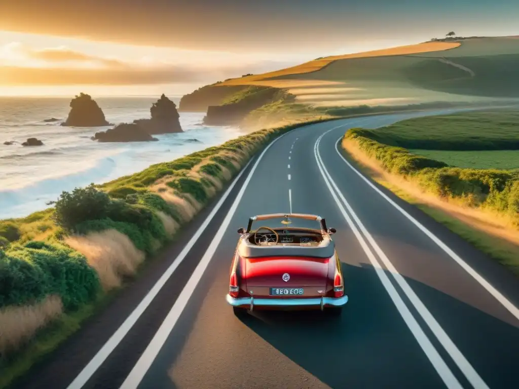 Tour en auto clásico por la costa de Uruguay al atardecer, con un convertible rojo vibrante y el sol dorado de fondo