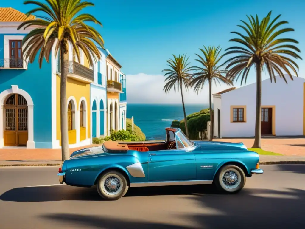 Tour en auto clásico por la costa de Uruguay: un convertible vintage restaurado, brillando bajo el sol en un escenario encantador