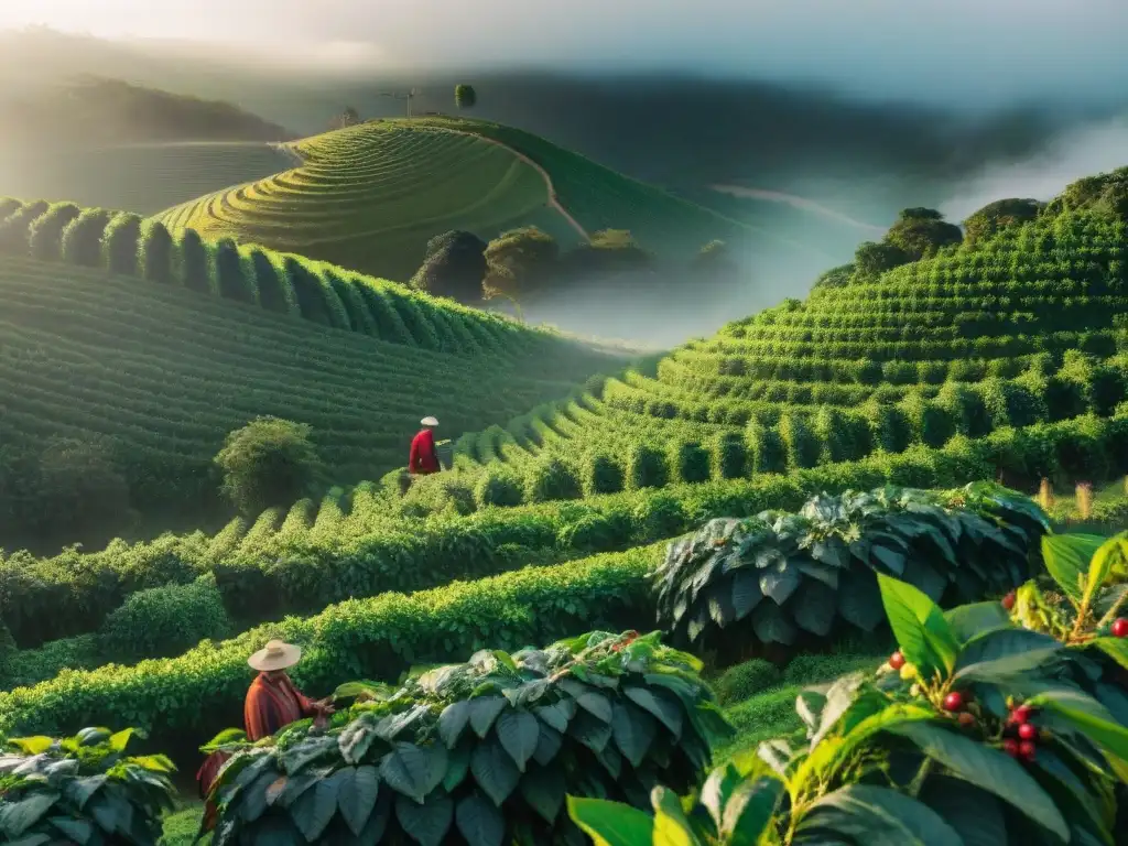 Trabajadores recogiendo cerezas de café en plantaciones verdes de Uruguay al amanecer