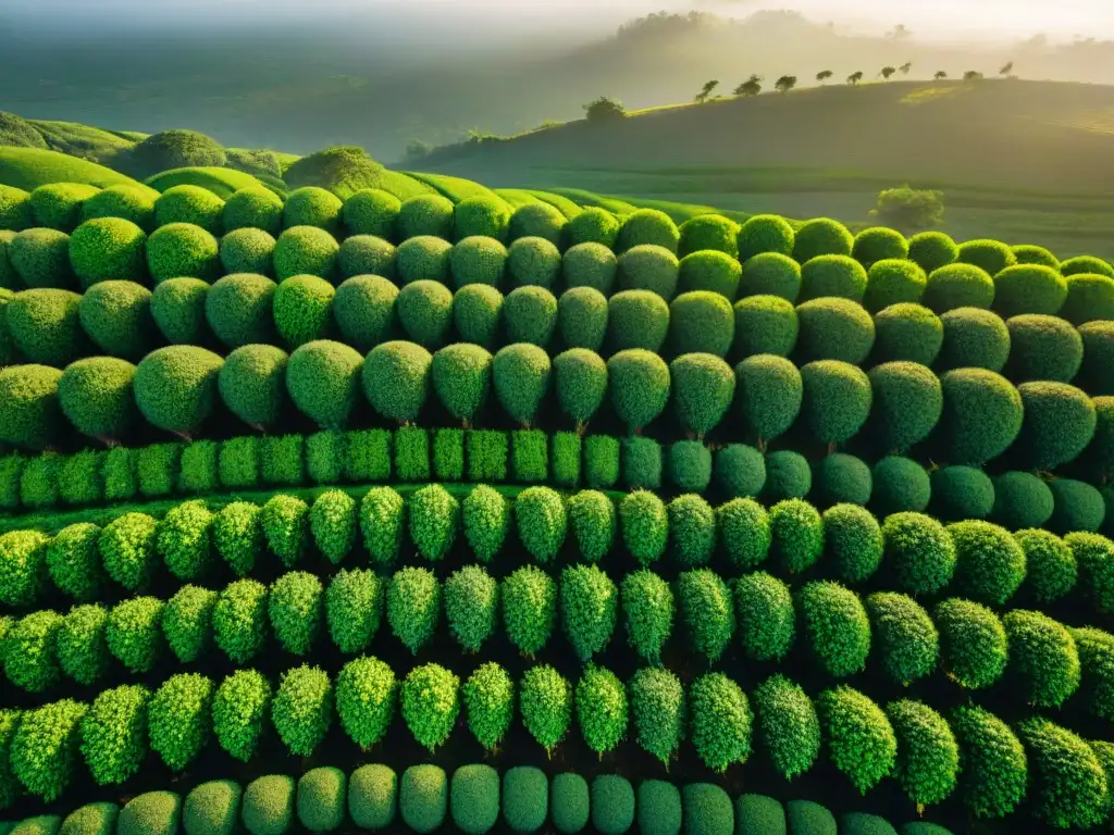 Trabajadores cosechando hojas de té en plantaciones verdes de Uruguay al atardecer, en la Ruta del té en Uruguay