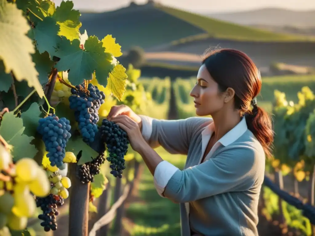 Trabajadores seleccionando uvas al amanecer en viñedo uruguayo, reflejando las Rutas del vino alternativas Uruguay