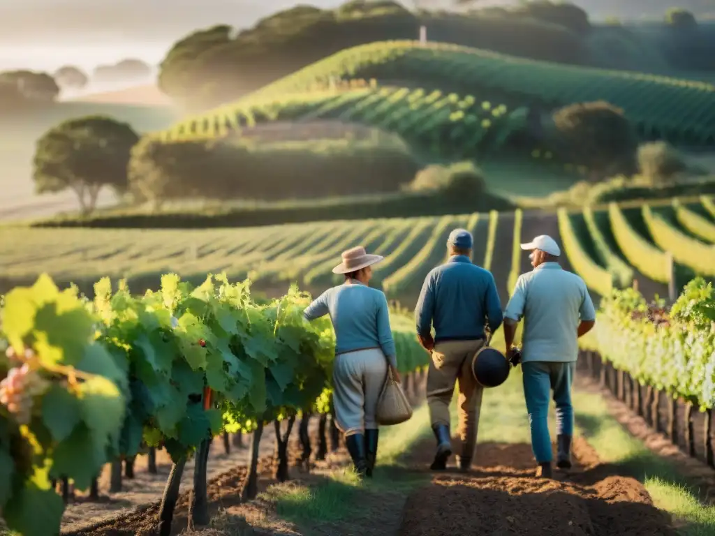 Trabajadores de viñedo en Uruguay, cosechando uvas ecológicas con dedicación bajo el sol