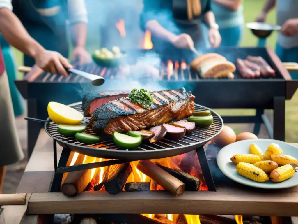 Disfruta del tradicional asado uruguayo en una escena detallada, rodeado de amigos y deliciosos platos