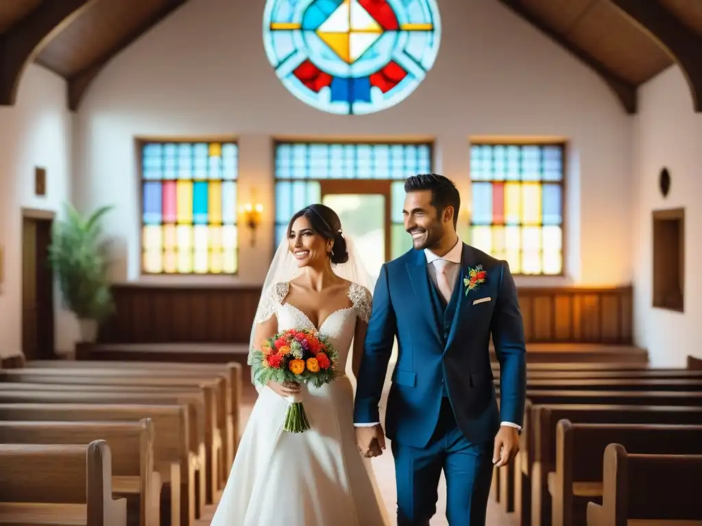 Una tradicional ceremonia de boda en Uruguay, con la novia luciendo un impresionante vestido de encaje y velo, rodeada de flores nativas