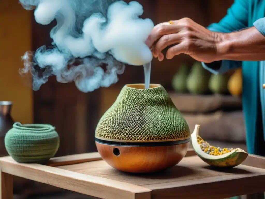 Preparación de mate en Uruguay: ritual tradicional y detalle artesanal Preparación tradicional de mate en Uruguay: gourd, yerba mate, agua caliente y accesorios en mesa de madera