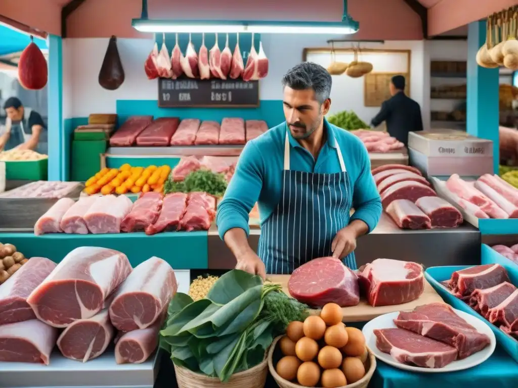 En un tradicional mercado uruguayo, un carnicero selecciona los mejores cortes de carne mientras clientes observan con interés