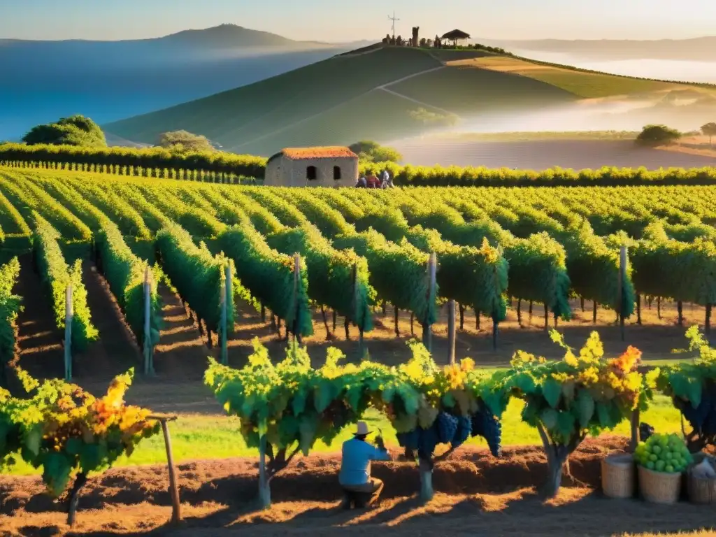 Tradiciones culturales uruguayas: cosecha de uvas al atardecer en viñedo con agricultores locales