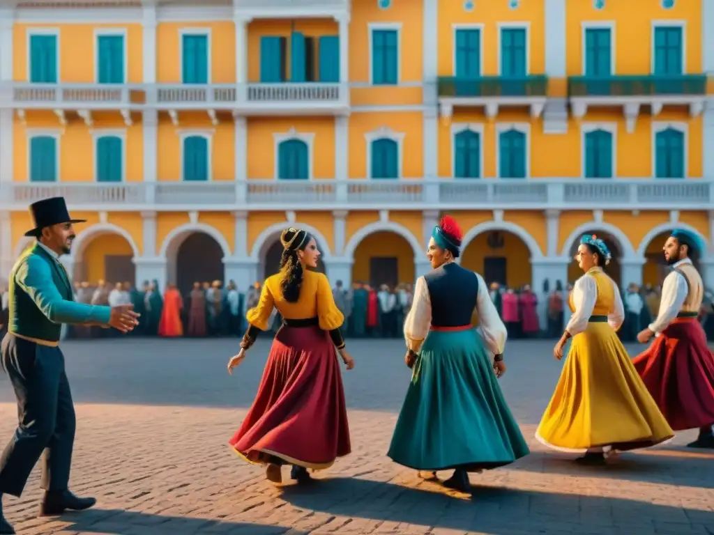 Tradiciones Montevideanas: habitantes bailando en la Plaza Independencia al atardecer