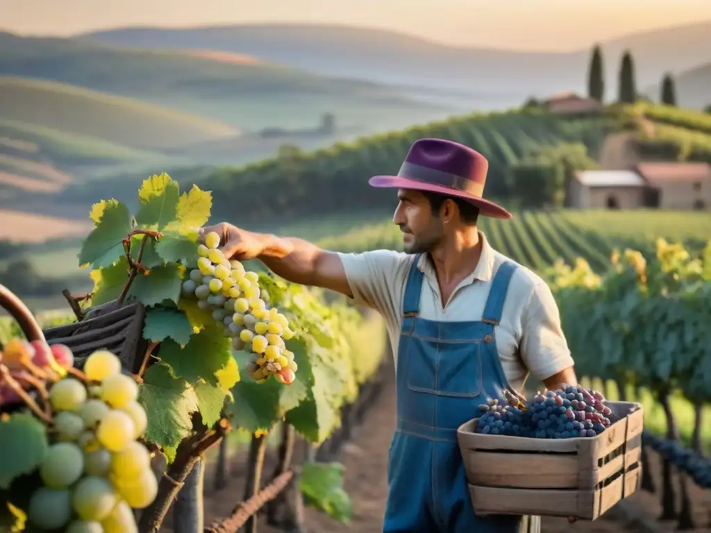 Tradiciones vinícolas uruguayas: agricultores cosechando uvas al amanecer en viñedos interminables