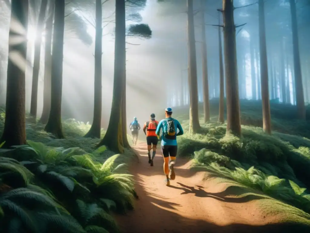 Trail runners en Uruguay corriendo por un bosque denso y exuberante, con la luz solar filtrándose entre los árboles