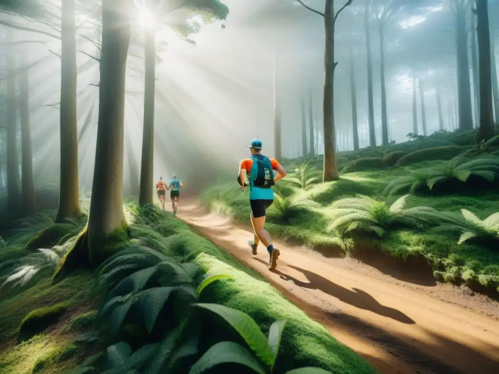 Trail runners corriendo en un exuberante bosque de Uruguay, bajo la luz del sol