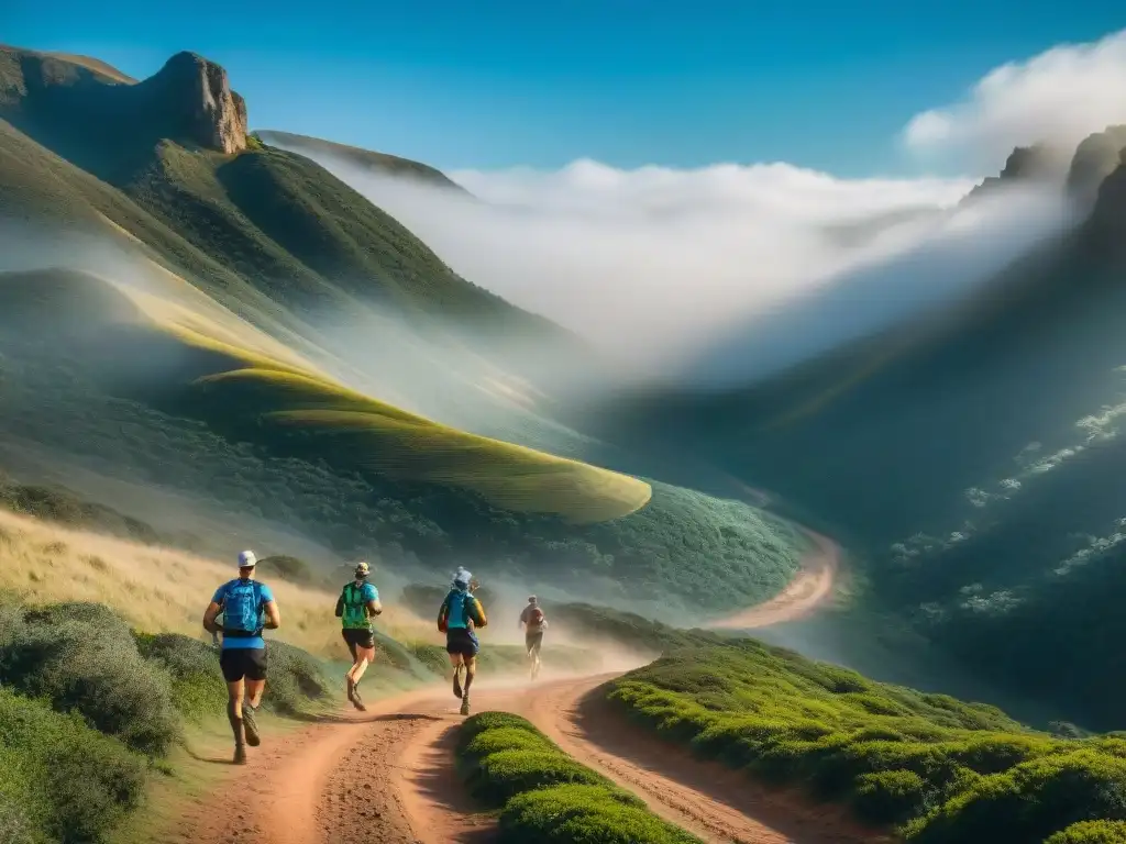 Trail runners explorando senderos en Uruguay con determinación, rodeados de exuberante naturaleza