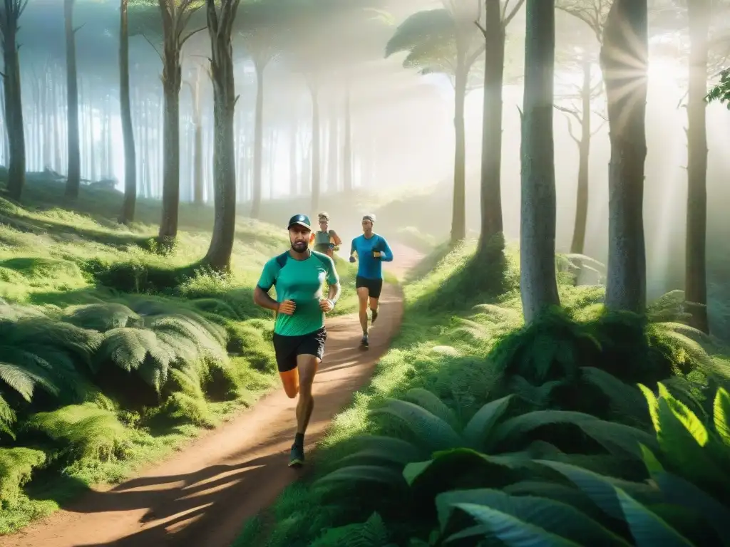 Trail running en Uruguay: Corredores atraviesan bosques verdes bajo la luz del sol filtrándose entre los árboles, expresando determinación y emoción