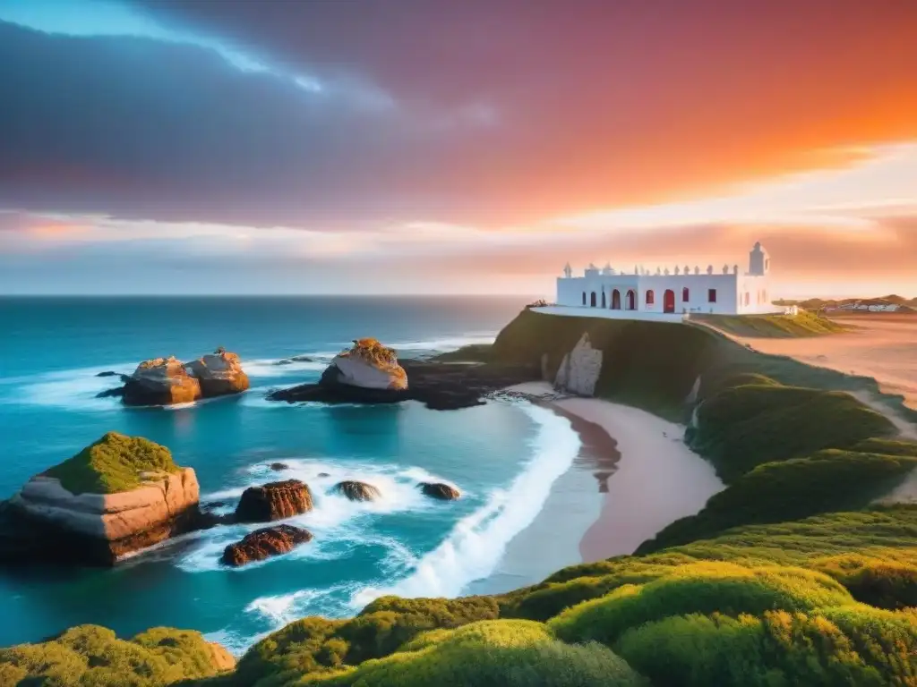 Tranquila puesta de sol sobre Casapueblo en Punta Ballena, Uruguay