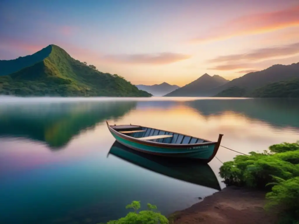 Tranquilidad de la Lagoa Mirim: Amanecer con barca solitaria en aguas serenas, reflejando el cielo en tonos pastel